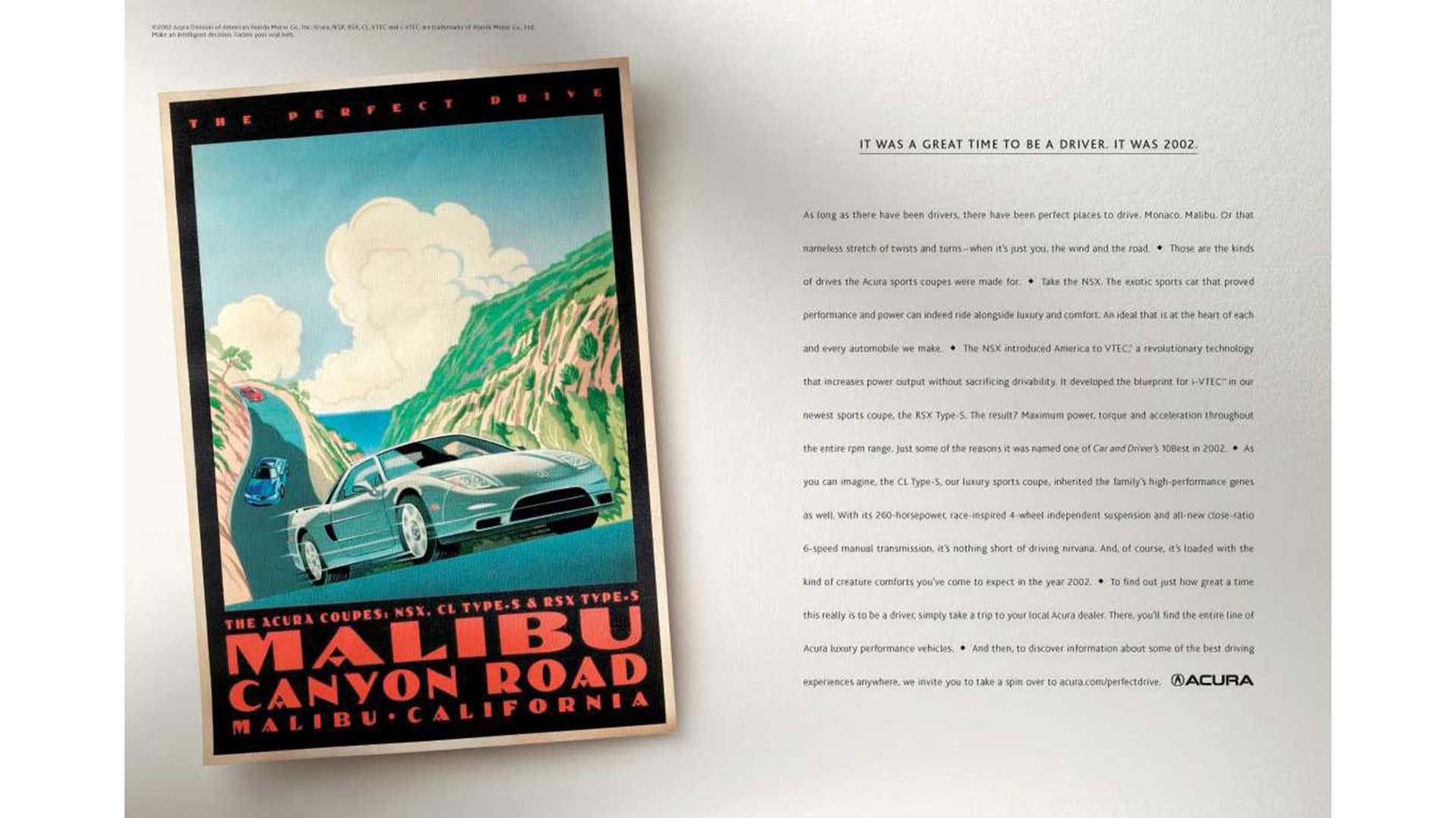 在加利福尼亚州马里布峡谷路的NSX的Acura海报。